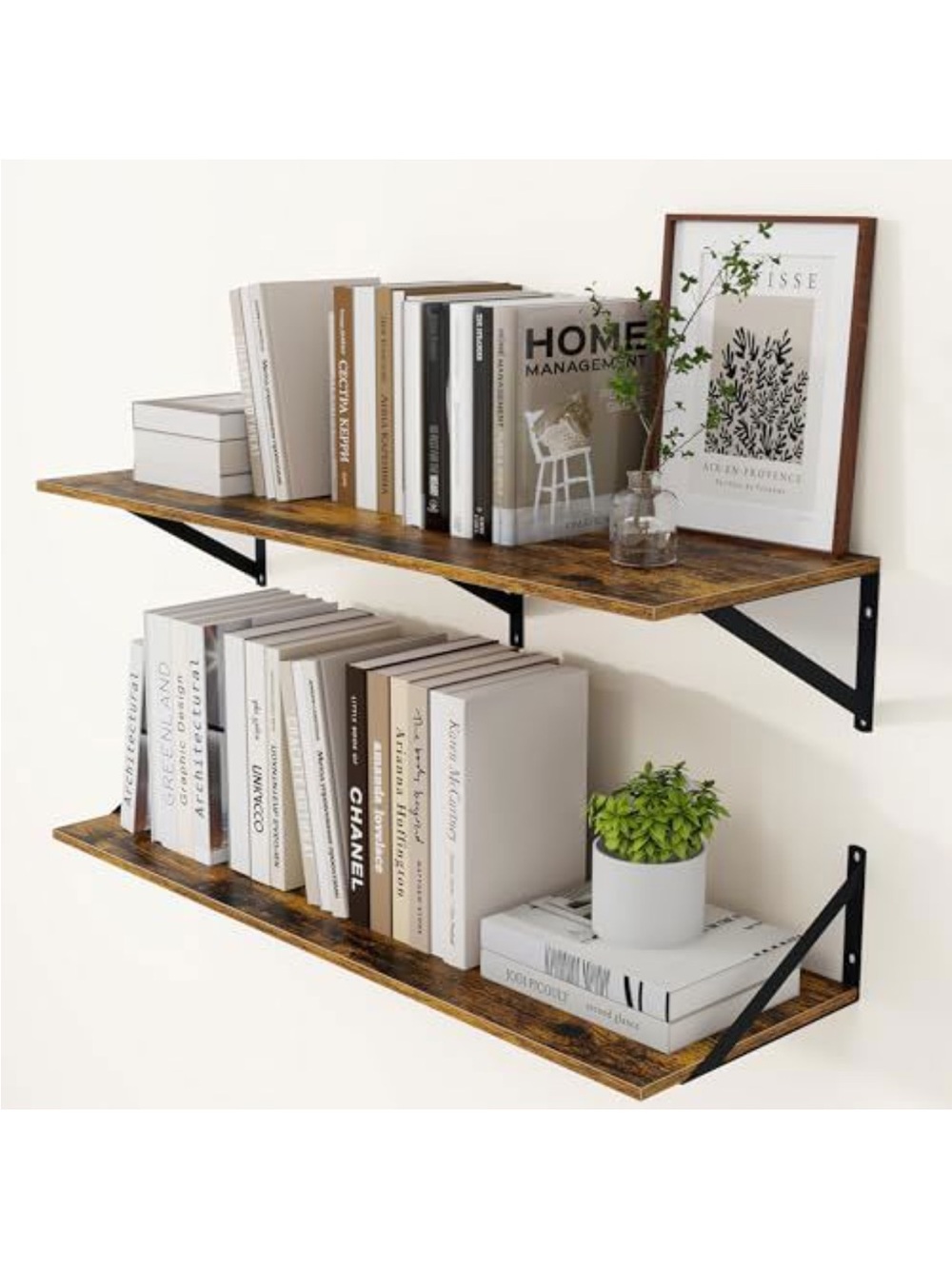 Rustic Wood Floating Wall Shelves with Black Brackets - Home